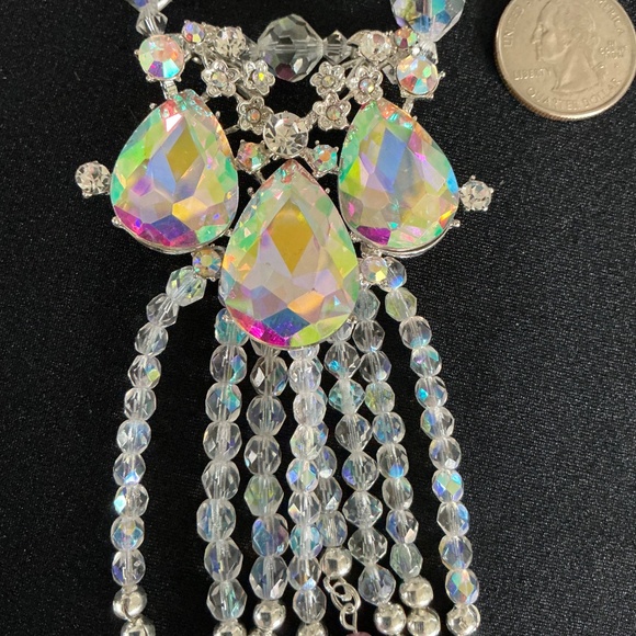 Handmade Aurora Borealis Crystal Waterfall Necklace – Vintage AB Beads, Reimagin - Picture 3 of 7